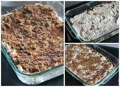 four different views of a casserole dish with various toppings