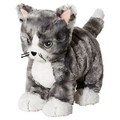 a gray and white stuffed cat on a white background