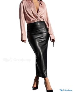 OrcaJump - Premium High-Waisted Leather-Textured Pencil Skirt for a Sleek and Sophisticated Look White Long Skirt, Faux Leather Pencil Skirt, Weather Outfits, Rave Outfit, Black And White Skirt, Beach Trips, High Waist Fashion, Leather Pencil Skirt, Graduation Outfit