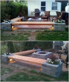 an outdoor fire pit with benches and lights around it