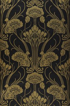 an ornate black and gold wallpaper with flowers