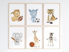 four framed pictures with animals and sports balls on them, each featuring a giraffe