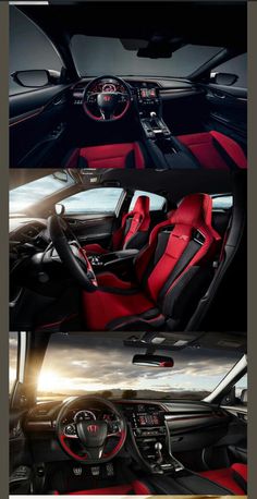 the interior of a car with red and black leather