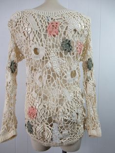 "Vintage 1980s wide net crochet shirt blouse with flower and circle design. Made by One Step Up. Size large. Actual measurements are: 40\" at the bust 37\" at the waist 19.5\" shoulder to shoulder 21\" shoulder to end of cuff 26\" overall length In very good condition." Net Flowers, Net Crochet, Shirt Crochet, Crochet Shirt, Circle Design, Vintage Shirt, Vintage Shirts, Step Up, Vintage Clothing