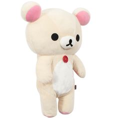 a white teddy bear with black eyes and pink ears is holding a red button in its left hand