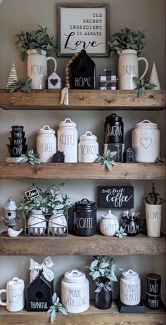 the shelves are filled with coffee mugs and other decorative items, including succulents