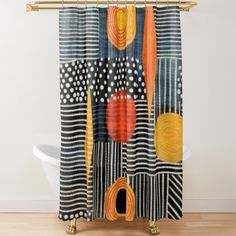 a shower curtain with an abstract design on the front and back panels, in orange, blue, yellow and black colors