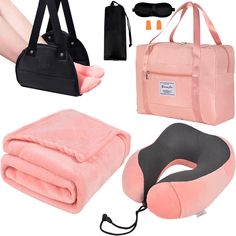 the travel bag is pink and black, with accessories including a neck pillow, an arm rest