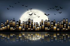 a city skyline with bats flying in the night sky and full moon reflecting on the water