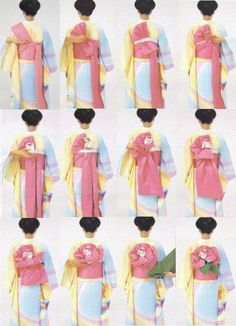 Step by step how to tie a complex obi knot. Kimono Dress Diy, Kabuki Costume, Pretty Kimonos, Maneki Neko