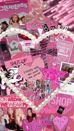 a collage of pink and white pictures with hearts, stars, and other things