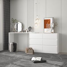 a white dresser sitting on top of a carpeted floor next to a wall mounted mirror