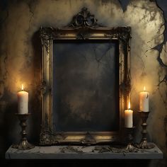 two candles are lit in front of an old frame on a mantle with a painting behind it