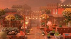 an animated image of a city with lots of potted plants