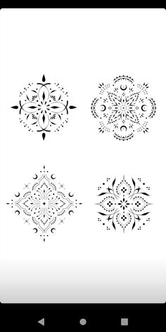 four different designs in black and white on a cell phone, each with an ornate design