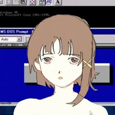 an anime character is looking at the screen with her eyes wide open and short brown hair