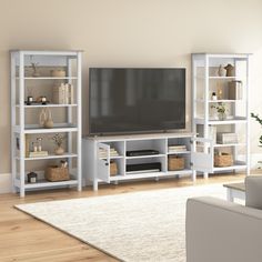 a living room with white bookcases and a flat screen tv