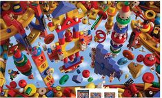 an image of many toys in the sky with clouds and blue sky behind them, as well as photoshopped images