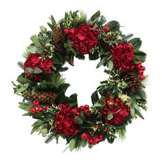 Hand-crafted 30-inch wreath with red hydrangea blooms and green foliage and pinecones for festive display against white background Dining Centerpiece, Red Berry Wreath, Red Hydrangea, Hydrangea Not Blooming, Berry Wreath, Outdoor Display, Holiday Wreath, Calla Lily, Christmas Stuff