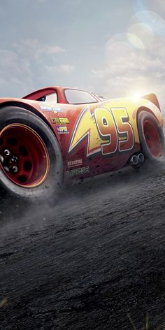 the character cars are racing on dirt in this animated movie poster from disney pixama