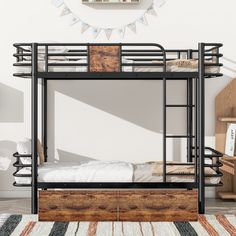 the bunk bed is made from metal and wood