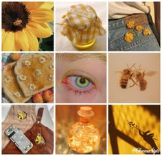 a collage of pictures with different things in them including sunflowers, bees and honeycombs