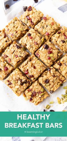 healthy breakfast bars stacked on top of each other with text overlay that reads healthy breakfast bars