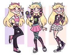 three cartoon girls with different outfits and hair styles, one is holding a cell phone