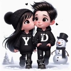 two children in black clothes standing next to a snowman and one is kissing the other