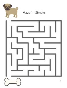 a maze with a dog on it and a bone in the middle that says make 1 - simple