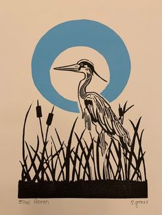 a drawing of a bird standing in the grass with a blue circle behind it that says blue heron