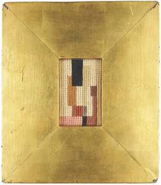 a gold frame with an abstract painting in the middle and one square on the bottom