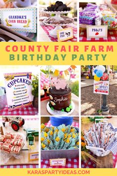 a collage of farm themed birthday party items