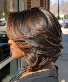 Elegant Layered Bob with Ginger Highlights for Black Women 💃 Shaggy Short Hair Black Women, Ginger Highlights Black Women, Side Bob Black Women, Layered Bob Black Women, Highlights For Black Women, Hair Highlights For Black Hair, Layered Bob Hairstyles For Black Women, Ginger Highlights