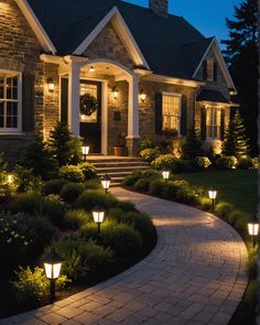 a house that is lit up at night with some lights on the front and side