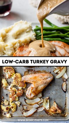 Rich turkey stock and pureed roasted vegetables create a creamy low-carb turkey gravy without flour. #lowcarb #glutenfree #thanksgiving #turkeygravy Flourless Gravy Recipe, Gravy Without Flour, Carb Cravings, Low Carb Soup Recipes, Gravy Ingredients, Turkey Stock, Recipes Thanksgiving, Skinnytaste Recipes, Low Carb Soup