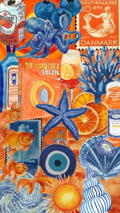 an art work with oranges and other items