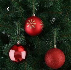 three ornaments hanging from a christmas tree