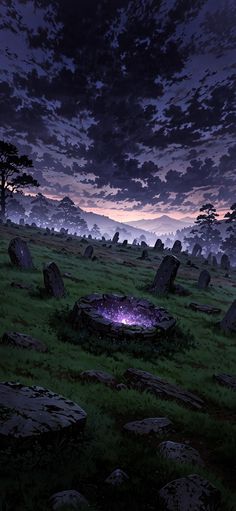 a field with rocks and grass under a cloudy sky at night, lit up by a purple light