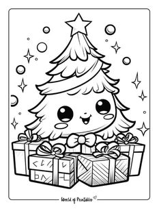 a christmas tree with presents in it and stars on the top, coloring pages for kids