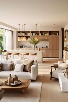 a living room filled with furniture next to a kitchen and dining room table in front of a large window