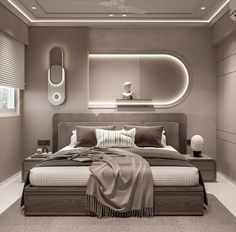 a bedroom with a large bed and a round mirror on the wall above it's headboard