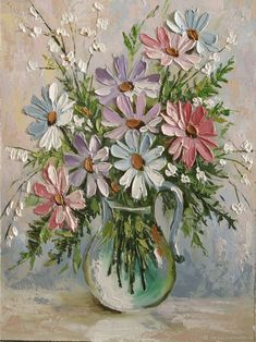 a painting of flowers in a green vase on a table with pink, white and blue flowers