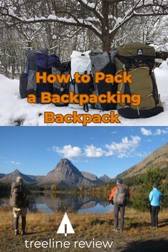 Top photo shows several packed backpacks in the snow and bottom photo shows three backpackers facing a lake in the distance. Mountain Gear, Continental Divide, Water Sources