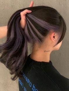 Two-Tone Hair Color Ideas: black hair with ash purple underneath highlights Hair Color Under, Chunky Underlights, Color Under The Hair, Half Up Half Down Hair Dye, Streak Hair Dye, Half Up Half Down Dyed Hair, Dyed Hair In The Back, Light Brown Underneath Hair, Two Tones Hairstyles