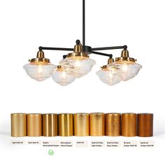 a chandelier with five lights hanging from it's sides and six different shades of gold