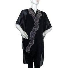 KIMONO W/PAISLEY STONE BORDER Size: One Size. Color: Metallic. Gender: female. Age Group: adult. Casual Black Kimono With Short Sleeves, Casual Black Kaftan With Kimono Sleeves, Black Short Sleeve Tops With Paisley Print, Black Short Sleeve Top With Paisley Print, Bohemian V-neck Kimono One Size, Black Flowy V-neck Kaftan, Black V-neck Dress With Paisley Print, Flowy V-neck Printed Kimono, Black Printed V-neck Kaftan