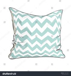 a blue and white pillow with a chevron pattern on the front, isolated against a white background