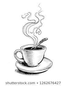 a drawing of a cup of coffee with steam rising from it's top on a saucer