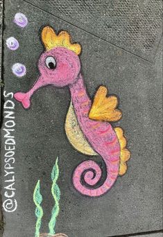 a chalk drawing of a sea horse on the sidewalk